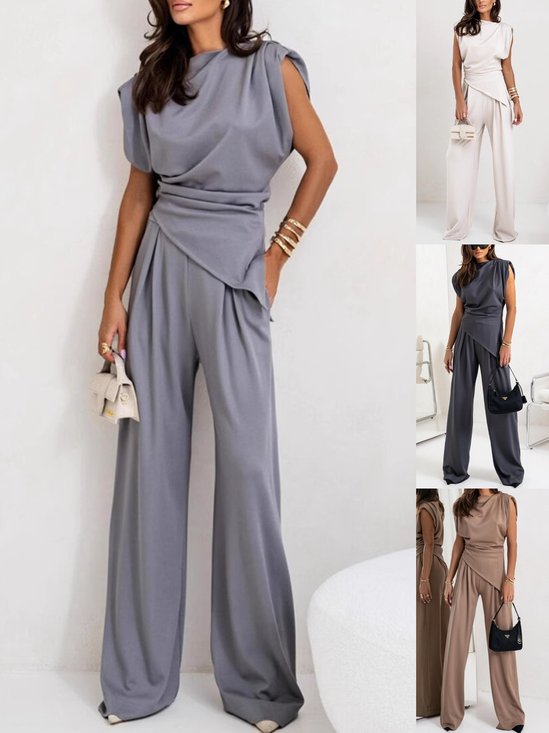 Women Plain Irregular Craftsmanship Two-Piece Set Daily Sleeveless Casual Summer Top With Pants Matching Set