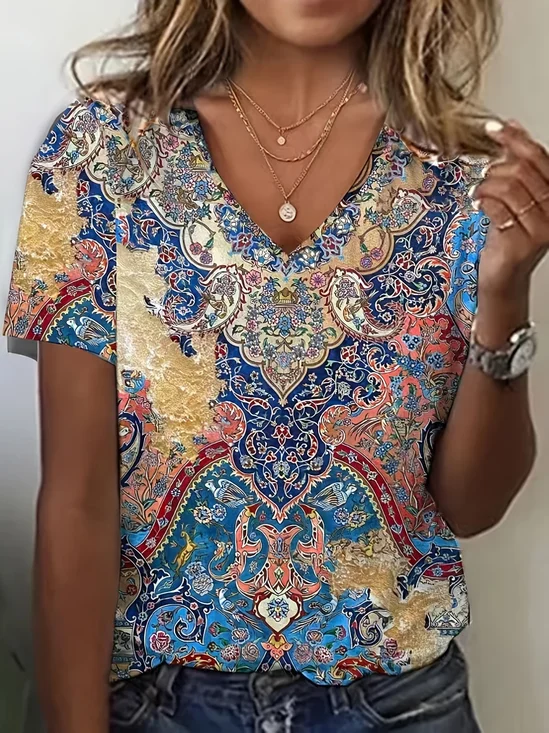 Women Floral Short Sleeve Tee T-shirt V Neck Printing Casual Summer Graphic Tee Top