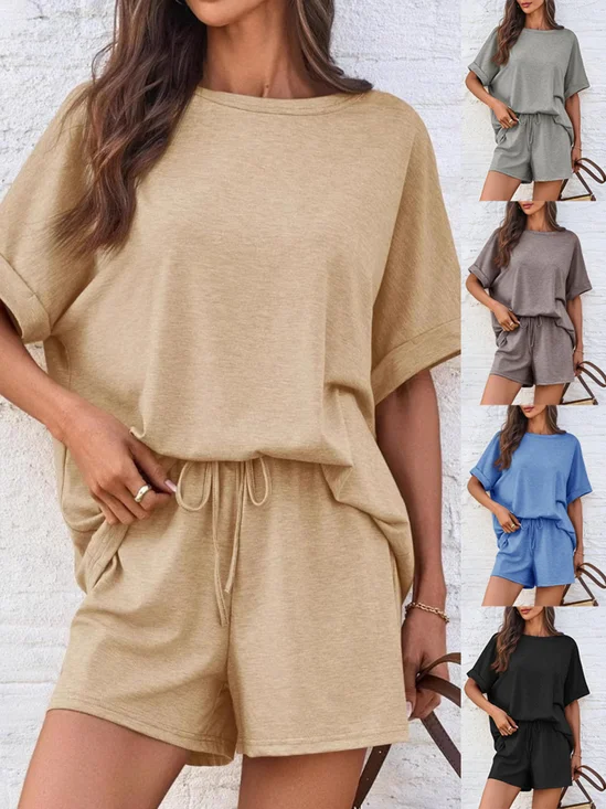 Women Plain Pocket Stitching Dolman Sleeve Two-Piece Set Daily Half Sleeve Casual Summer Top With Pants Matching Set