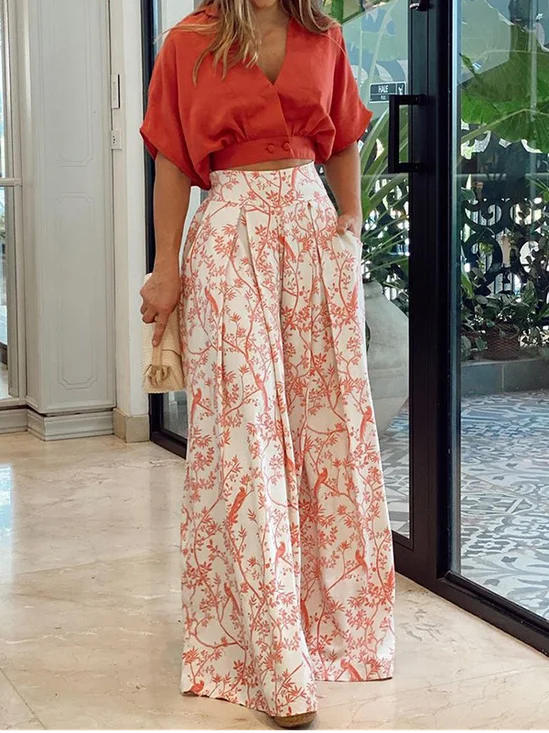Women Floral Printing Dolman Sleeve Two-Piece Set Daily Half Sleeve Casual Summer Top With Pants Matching Set