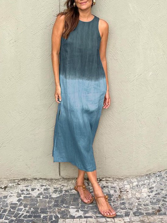 Women Ombre Sleeveless Summer Dress Crew Neck Daily Casual Maxi Flowy Dress A-Line Dress