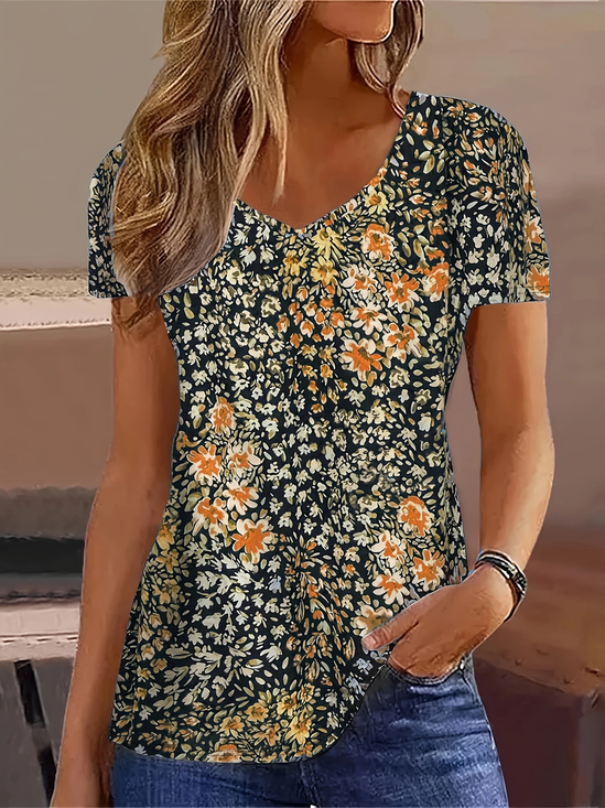 Women Floral Short Sleeve Tee T-shirt V Neck Printing Casual Summer Graphic Tee Top