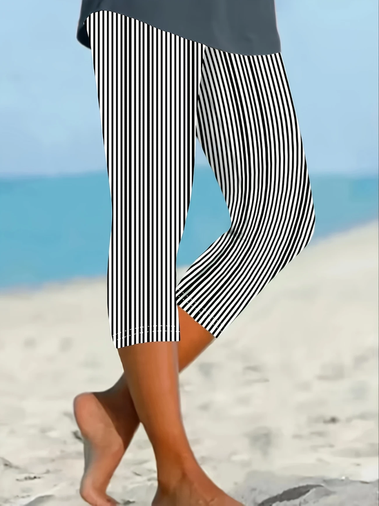 Women Striped Capris Elastic Waist Pants Casual Summer Trousers