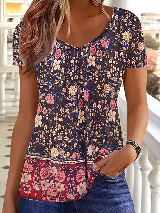 Women Floral Short Sleeve Tee T-shirt V Neck Printing Casual Summer Graphic Tee Top