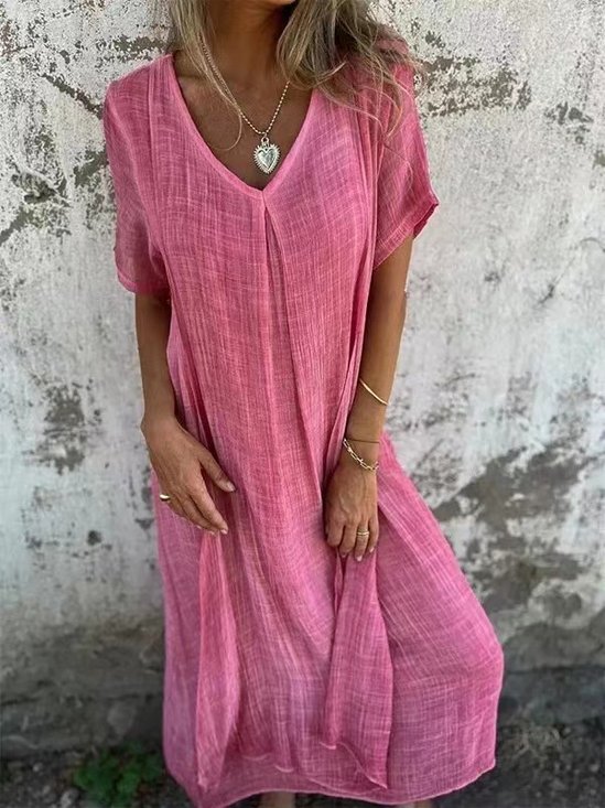 Women Plain Short Sleeve Summer Split Joint Dress V Neck Daily Vintage Maxi Tank A-Line Dress