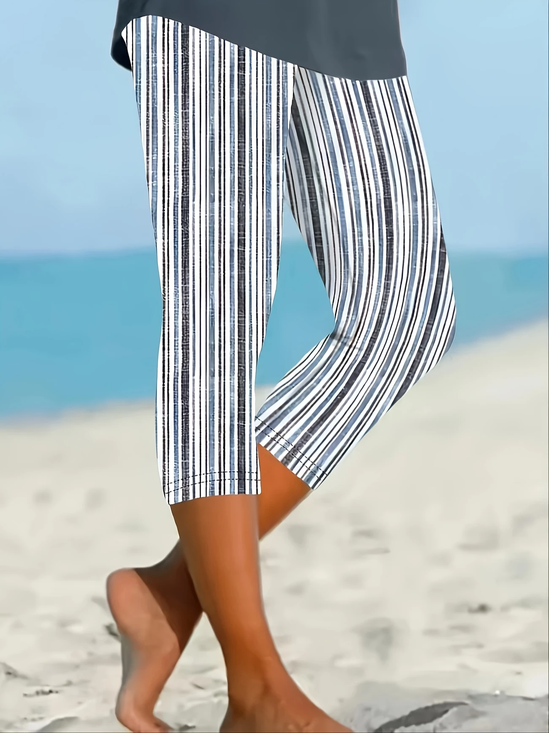 Women Striped Capris Elastic Waist Pants Casual Summer Trousers