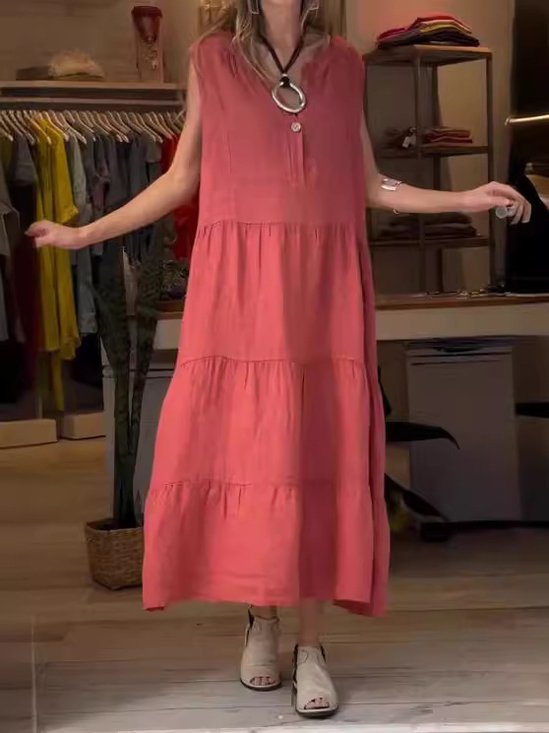 Women Plain Sleeveless Summer Split Joint Dress Half Open Collar Daily Vintage Maxi Tank A-Line Dress
