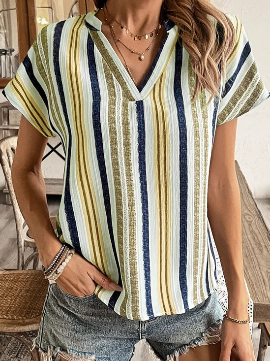Women Striped Short Sleeve Tee T-shirt V Neck Printing Casual Summer Top