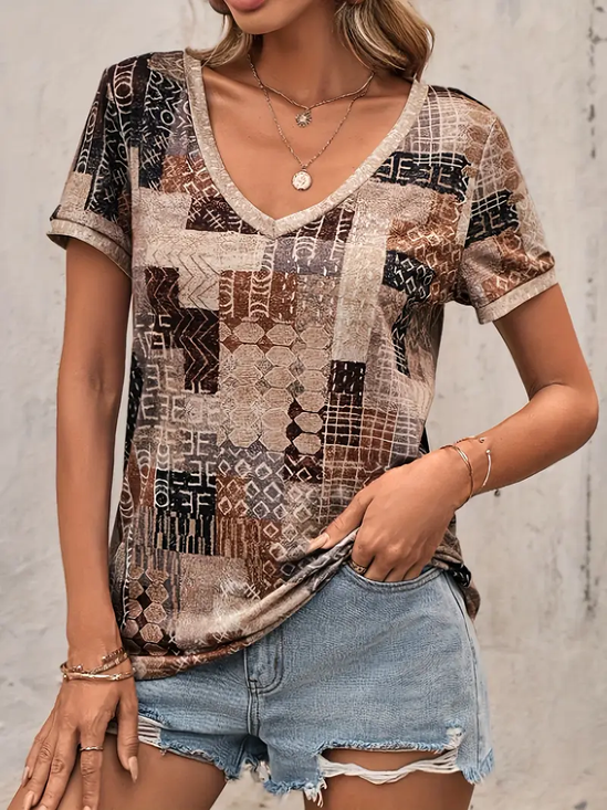 Women Geometric Short Sleeve Tee T-shirt V Neck Printing Casual Summer Graphic Tee Top