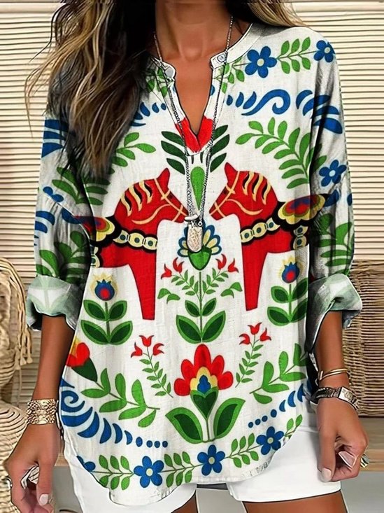 Women Floral Long Sleeve Blouse Spring/Fall Shawl Collar Daily Casual Top
