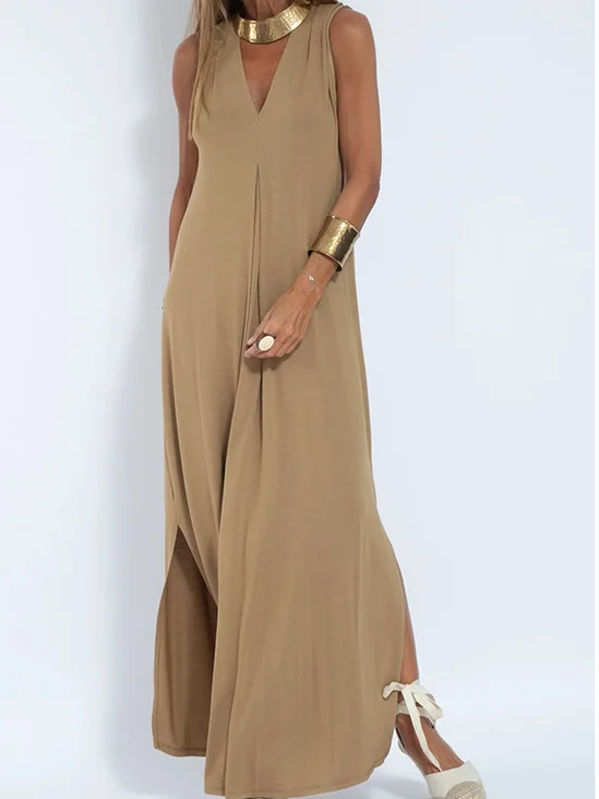 Women Plain Sleeveless Summer Split Joint Dress V Neck Daily Casual Maxi Fit & Flare Dress A-Line Dress