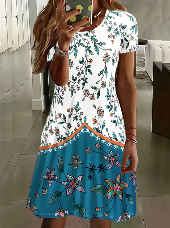 Women Floral Short Sleeve Summer Printing Dress Crew Neck Daily Casual Mini Tunic H-Line Dress