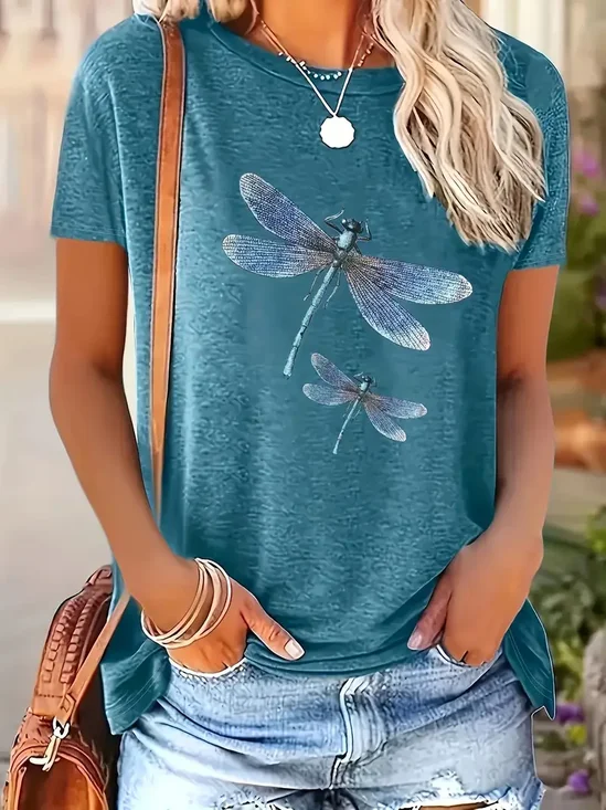 Women Dragonfly Short Sleeve Tee T-shirt Crew Neck Printing Casual Summer Graphic Tee Top