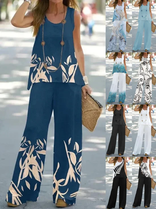 Women Geometric Two-Piece Set Daily Sleeveless Vintage Summer Top With Pants Matching Set