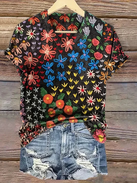 Women Floral Short Sleeve Tee T-shirt V Neck Printing Casual Summer Graphic Tee Top