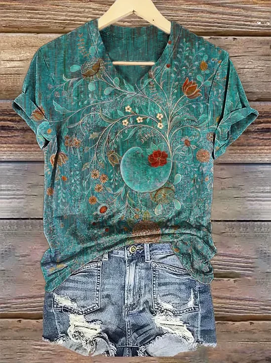 Women Floral Short Sleeve Tee T-shirt V Neck Printing Casual Summer Graphic Tee Top