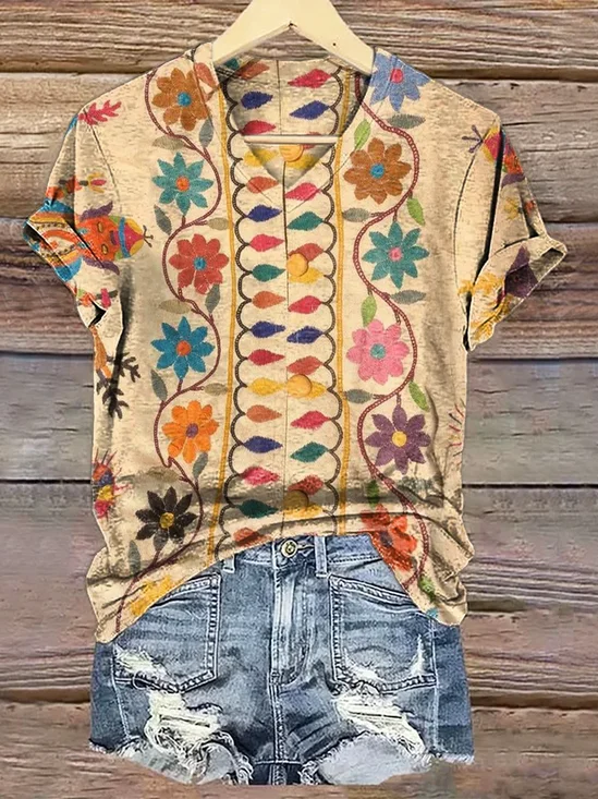 Women Floral Short Sleeve Tee T-shirt V Neck Printing Casual Summer Graphic Tee Top