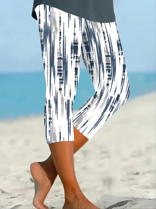 Women Abstract Stripes Capris Elastic Waist Pants Casual Summer Trousers