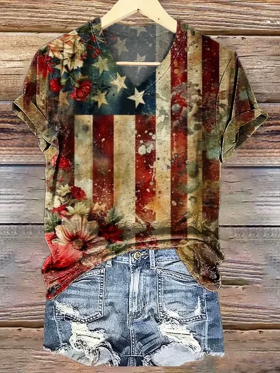 Women Floral Short Sleeve Tee T-shirt V Neck Printing Casual Summer Graphic Tee Top