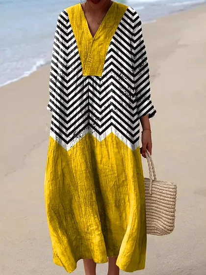 Women Striped Long Sleeve Spring/Fall Dress V Neck Daily Casual Maxi A-Line Dress