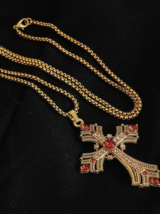 2025 New Retro Diamond Necklace Rhinestone Long Cross Pendant Sweater Chain Fashion Advanced Punk Necklace