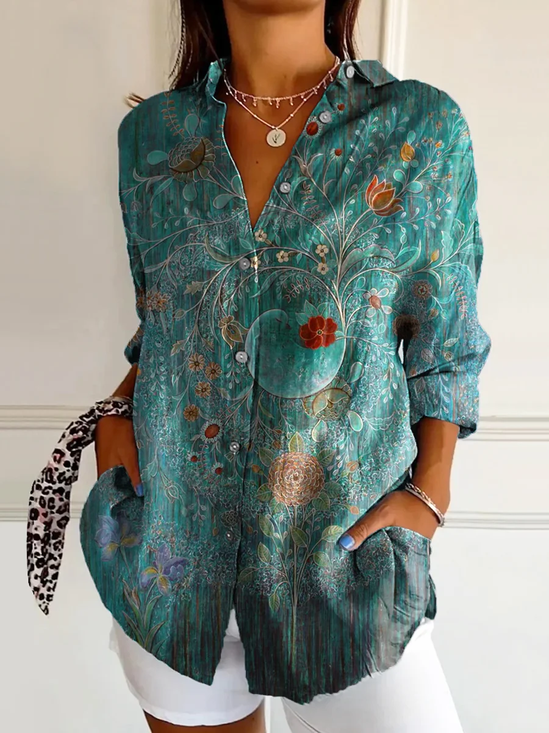 Women Floral Long Sleeve Shirt Spring/Fall Buckle Shirt Collar Daily Casual Top