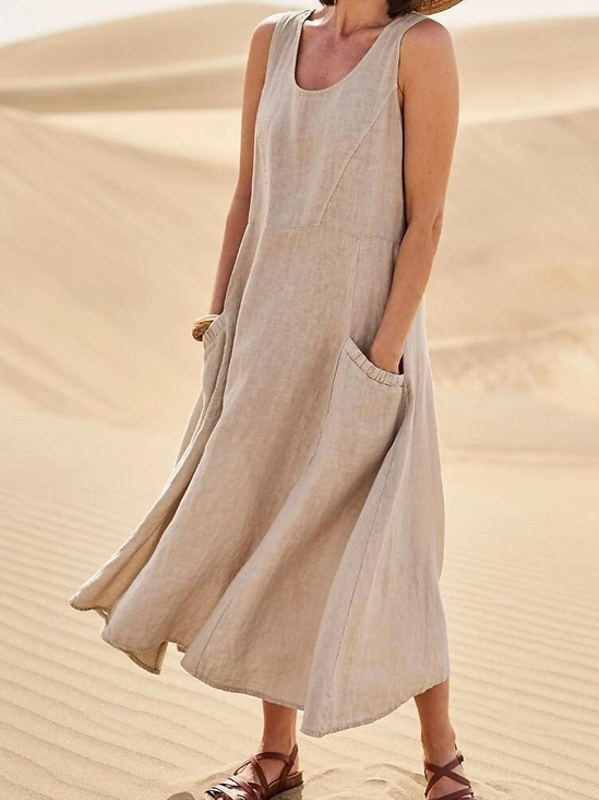 Women Plain Sleeveless Summer Split Joint Dress Crew Neck Daily Casual Maxi Fit & Flare Dress A-Line Dress