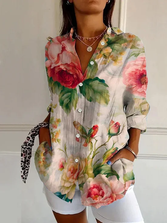 Women Floral Long Sleeve Shirt Spring/Fall Buckle Shirt Collar Daily Casual Top