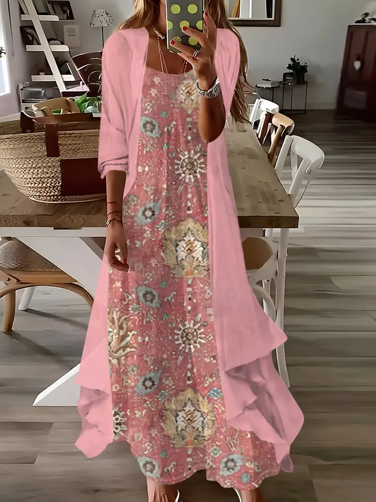Women Floral Printing Two-Piece Set Daily Three Quarter Sleeve Casual Spring/Fall Dress With Coat Matching Set