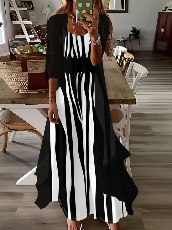 Women Abstract Stripes Printing Two-Piece Set Daily Three Quarter Sleeve Casual Spring/Fall Dress With Coat Matching Set
