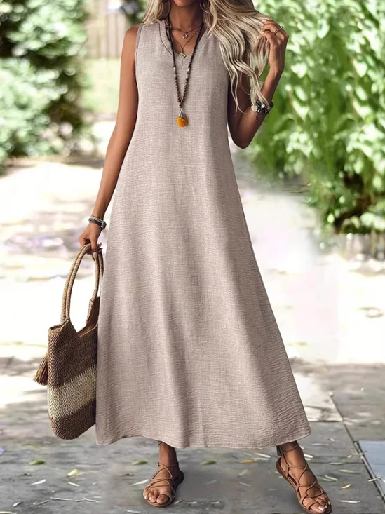 Women Plain Sleeveless Summer Dress V Neck Daily Casual Maxi A-Line Dress