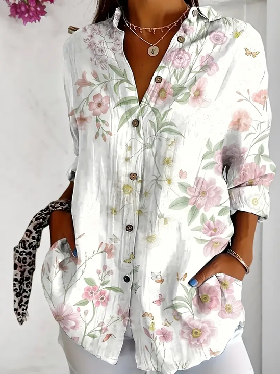 Women Floral Long Sleeve Shirt Spring/Fall Buckle Shirt Collar Daily Casual Top