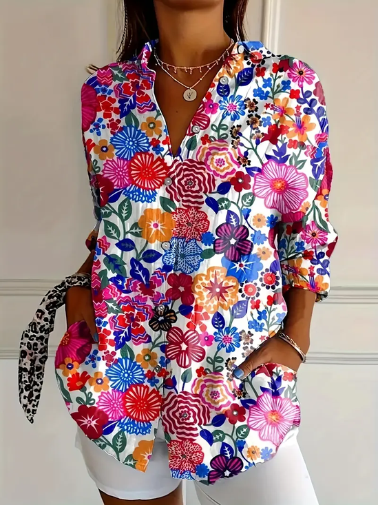 Women Floral Long Sleeve Shirt Spring/Fall Buckle Shirt Collar Daily Casual Top