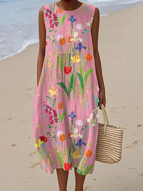 Women Floral Sleeveless Summer Printing Dress Crew Neck Daily Casual Maxi Tank H-Line Dress