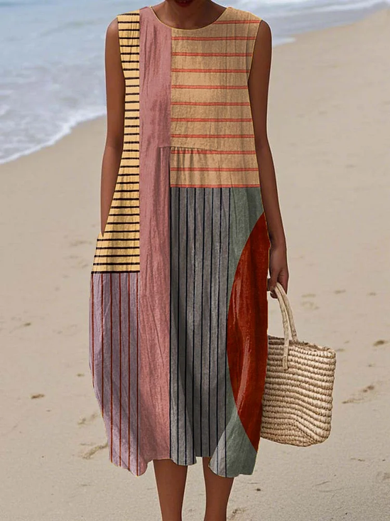 Women Striped Sleeveless Summer Printing Dress Crew Neck Daily Casual Maxi Tank H-Line Dress