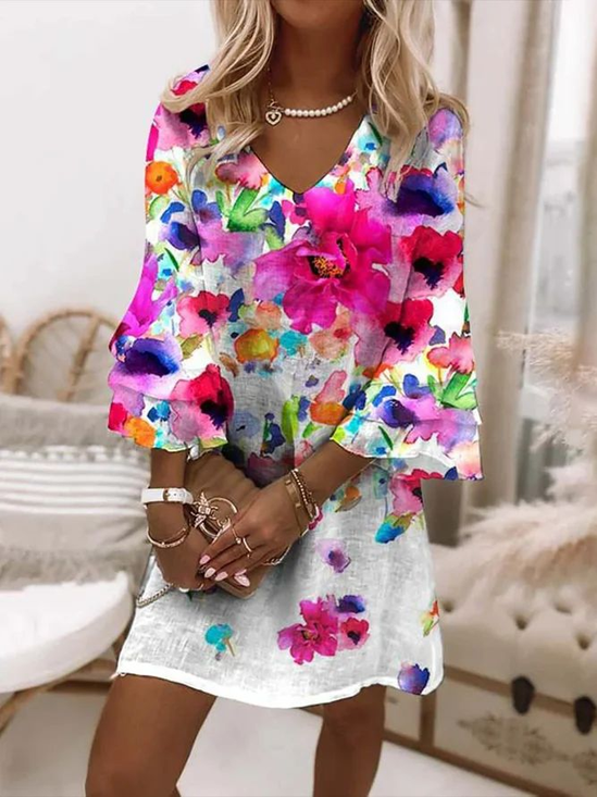 Women Floral Half Sleeve Summer Printing Dress V Neck Daily Casual Maxi H-Line Dress