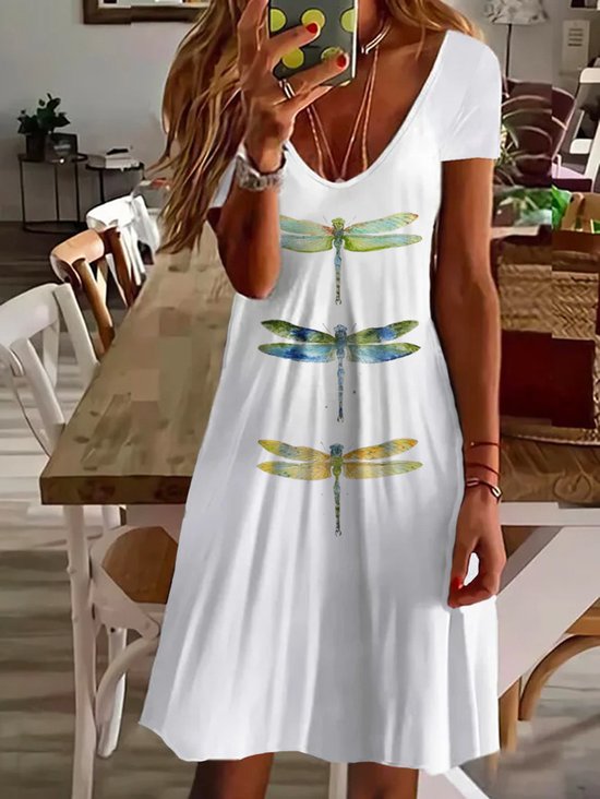 Women Dragonfly Short Sleeve Summer Printing Dress V Neck Daily Casual Midi Fit & Flare Dress A-Line Dress