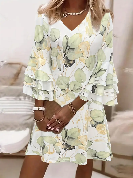 Women Floral Half Sleeve Summer Printing Dress V Neck Daily Casual Maxi H-Line Dress
