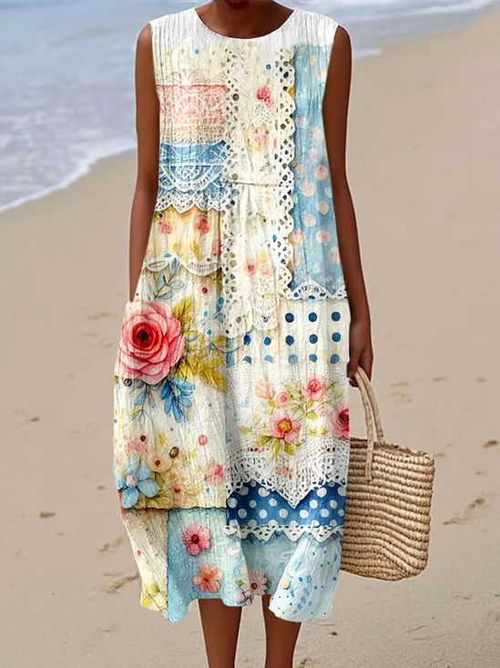 Women Floral Sleeveless Summer Printing Dress Crew Neck Daily Casual Maxi Tank H-Line Dress
