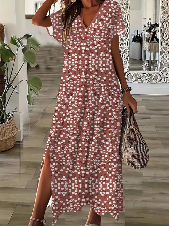 Women Floral Short Sleeve Summer Printing Dress V Neck Daily Casual Maxi X-Line Dress