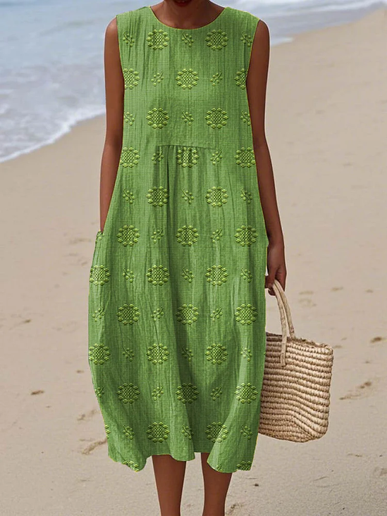 Women Floral Sleeveless Summer Printing Dress Crew Neck Daily Casual Maxi Tank H-Line Dress