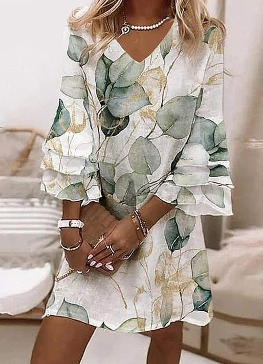 Women Floral Half Sleeve Summer Printing Dress V Neck Daily Casual Maxi H-Line Dress