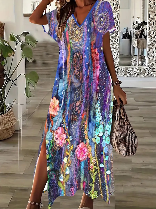 Women Floral Short Sleeve Summer Printing Dress V Neck Daily Casual Maxi X-Line Dress