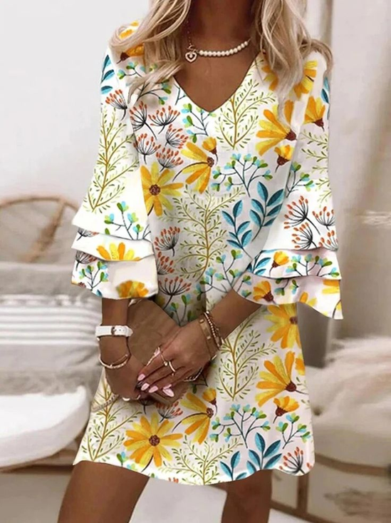 Women Floral Half Sleeve Summer Printing Dress V Neck Daily Casual Maxi H-Line Dress