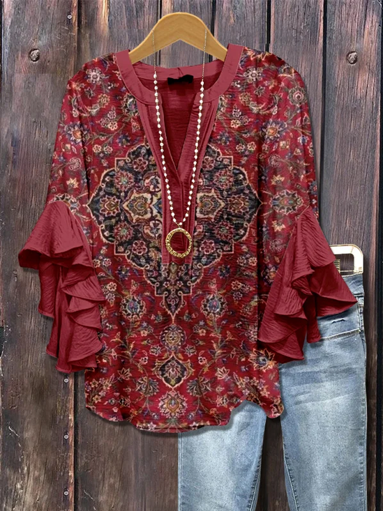 Women Floral Half Sleeve Shirt Summer Printing V Neck Daily Casual Top