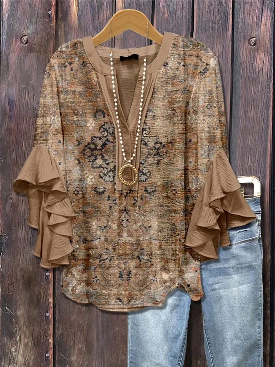 Women Floral Half Sleeve Shirt Summer Printing V Neck Daily Casual Top