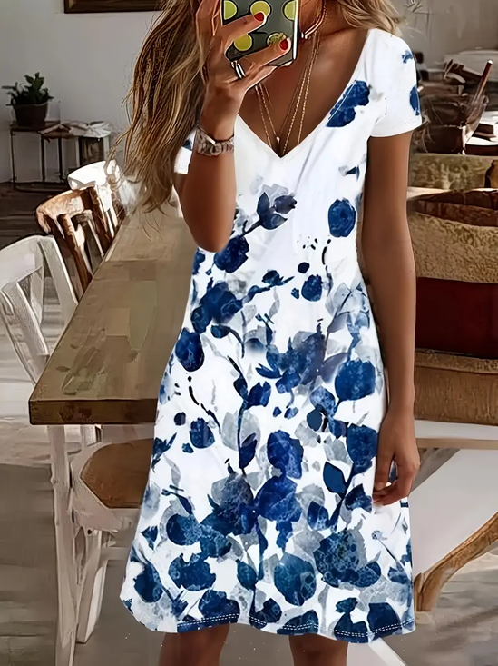 Women Floral Short Sleeve Summer Printing Dress V Neck Daily Casual Midi Fit & Flare Dress A-Line Dress
