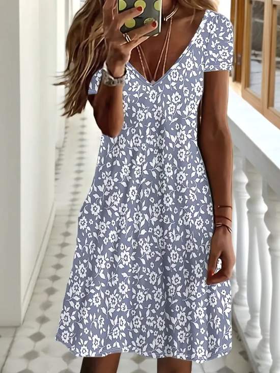 Women Floral Short Sleeve Summer Printing Dress V Neck Daily Casual Midi Fit & Flare Dress A-Line Dress