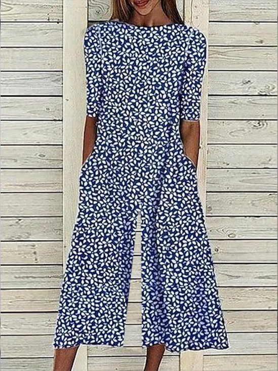 Women Floral Crew Neck Short Sleeve Casual Summer Jumpsuit