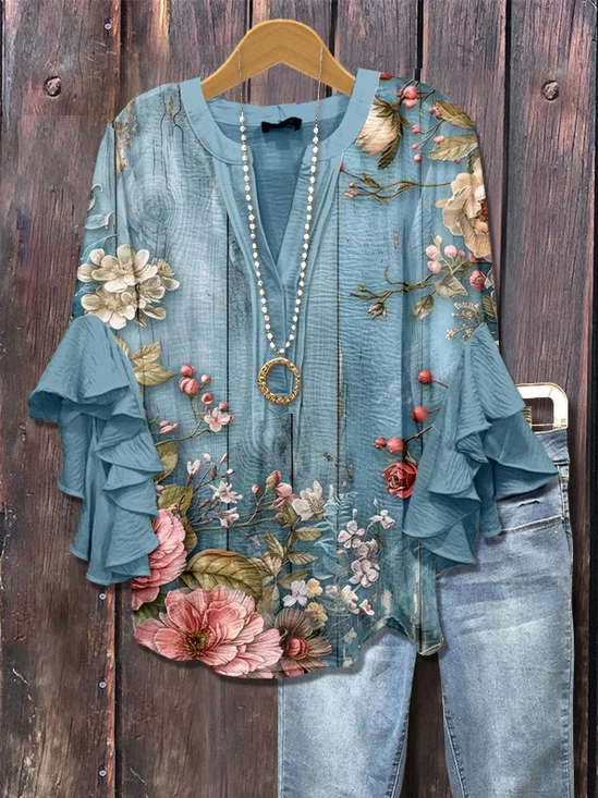 Women Floral Half Sleeve Shirt Summer Printing V Neck Daily Casual Top